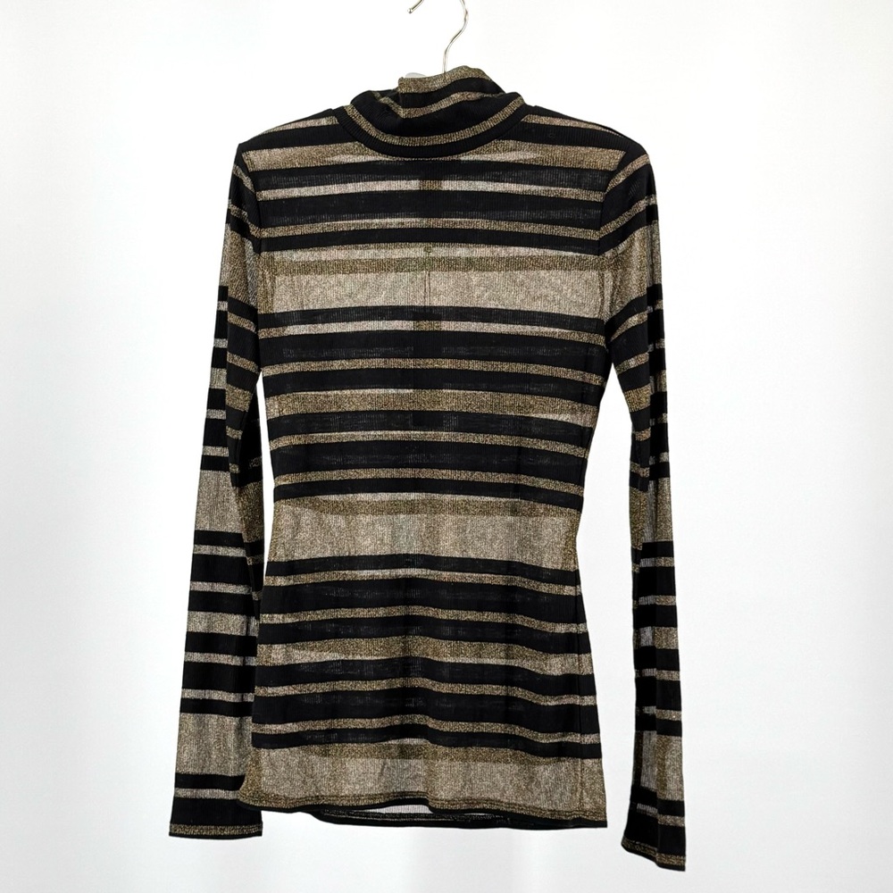 BCBGMaxAzria Brinnie Black Gold Striped Sparkly Sheer Top Size S NWT
